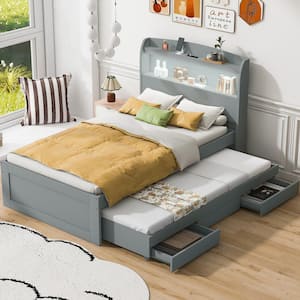 Gray Wood Frame Twin XL Platform Bed with Twin Size Trundle, 2 Drawers, USB Charging, LED Headboard with Shelves