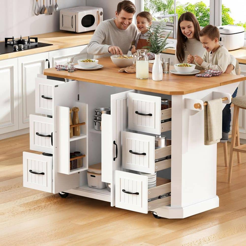 Rustic White Wood 55.5 in. Power Outlet Drop Leaf Embossed Vertical Stripe Kitchen Island Cart with 6-Deep Drawers