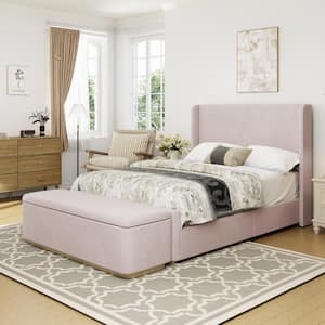 Pink Wood Frame King Size Platform Bed with Storage Ottoman and Wingback Headboard