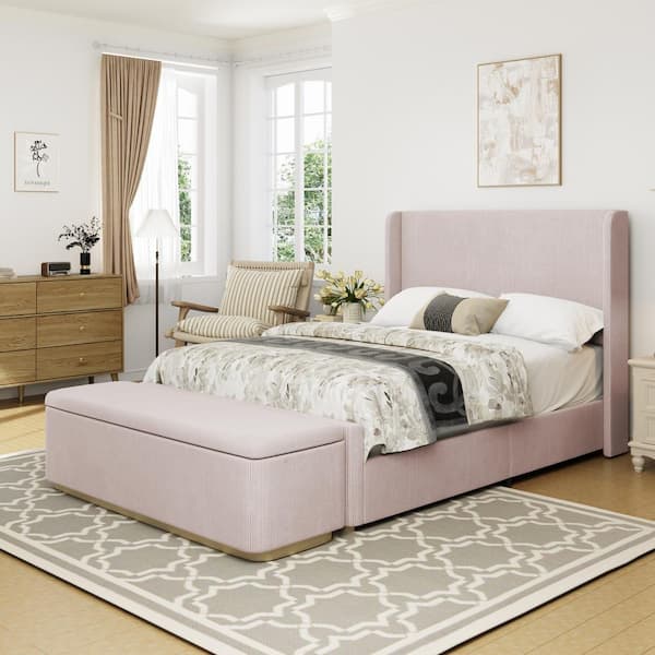 Qualler Pink Wood Frame King Size Platform Bed with Storage 