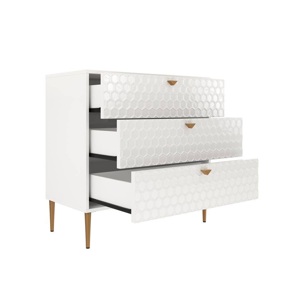 White Honeycomb Pattern 3-Drawer Mid-Century Modern Accent Cabinet