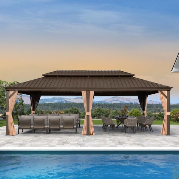 13 ft.x 20 ft.Bronze Aluminum Power-Coated Frame Galvanized Steel Double Roof Hardtop Gazebo,Hooks,Netting,Khaki Curtain