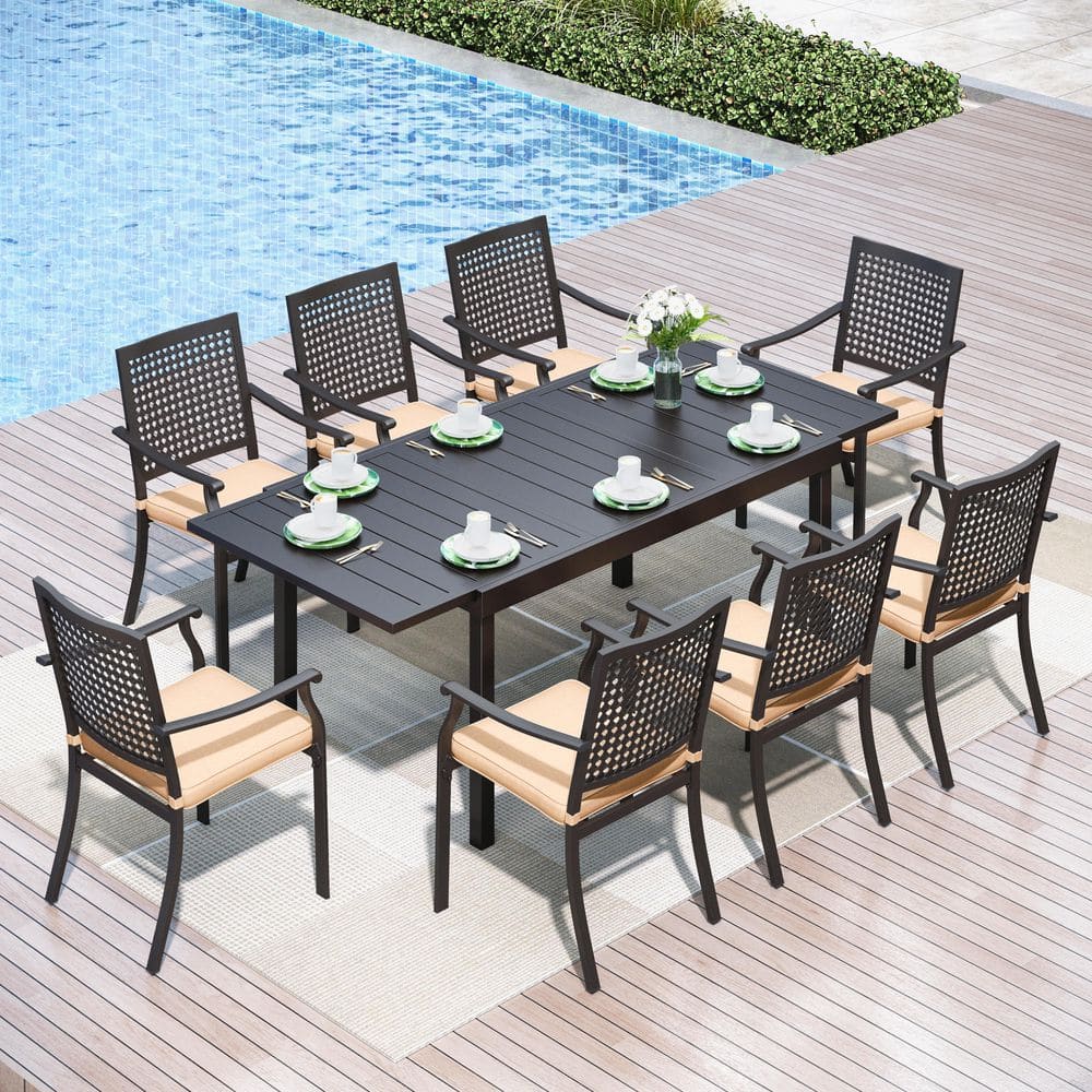 9-Piece Metal Patio Outdoor Dining Set with Extendable Table and Metal Chairs with Beige Cushions
