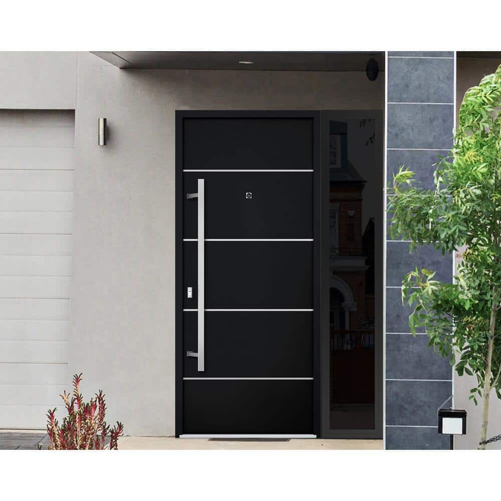 Modern Black Enamel Metal Exterior Prehung Door with Sidelites