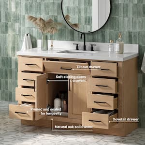 Hepburn 55 in. W x 22 in. D x 36 in. H Single Sink Bath Vanity in Oak with Pure White Quartz Top