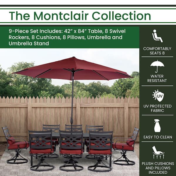 Montclair 9-Piece Steel Outdoor Dining Set with Chili Red Cushions, 8 Swivel Rockers, 42 in. x 84 in. Table and Umbrella