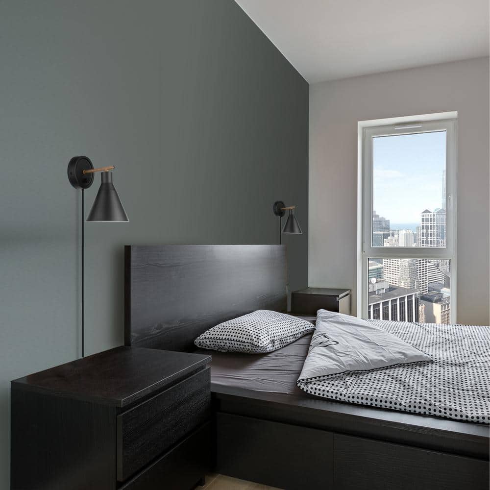 Lofty Chic Matte Black and Faux Walnut Dimmable Wall Sconce