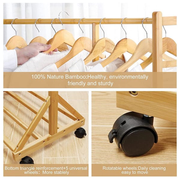 Natural Bamboo Garment Clothes Rack with Shelves 39.4 in. W x 60 in. H