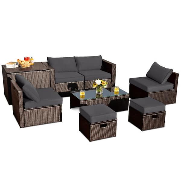 Clihome 8-Piece Wicker Patio Conversation Set Space-Saving Furniture Set with Gray Cushions, Storage Box and Waterproof Cover
