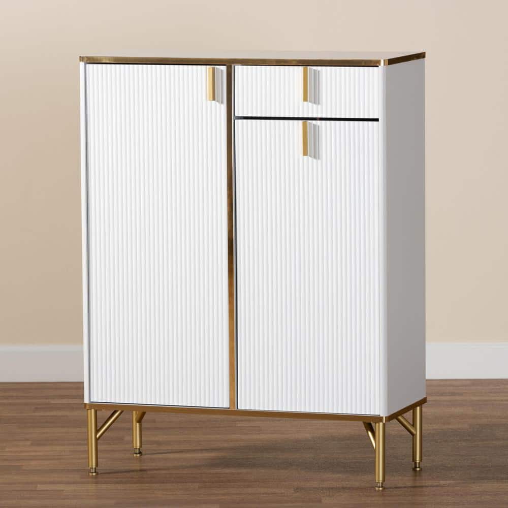 Lilac White Wood and Gold Metal 2-Door Shoe Cabinet
