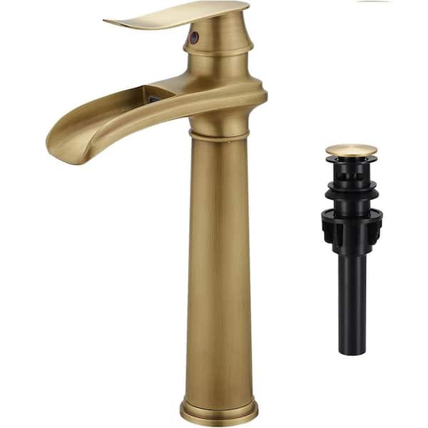 Waterfall Single Hole Single Handle Vessel Sink Faucet with Pop-up Drain in Antique Brass