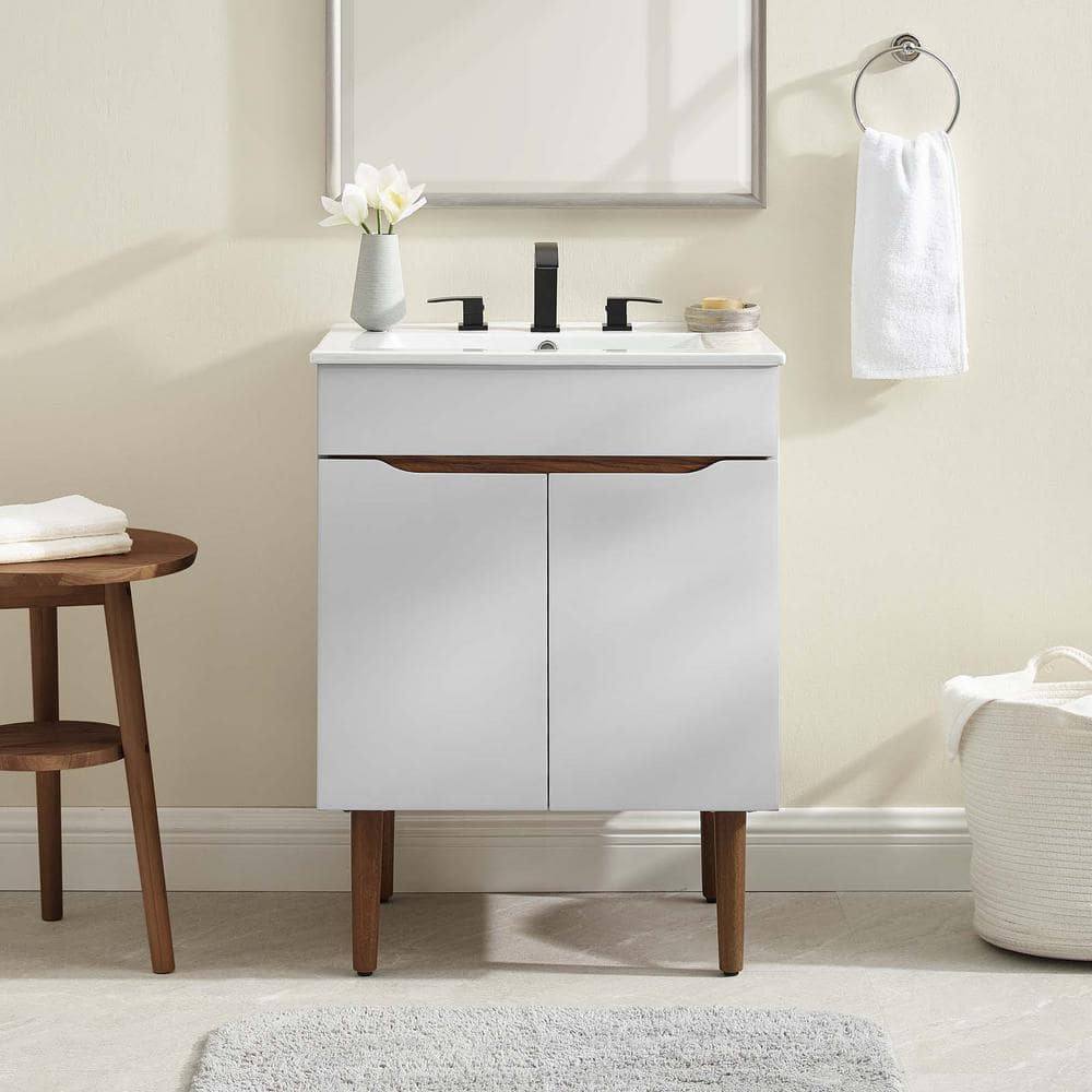 Gray and White Mahogany Freestanding Bathroom Vanity with Ceramic Sink