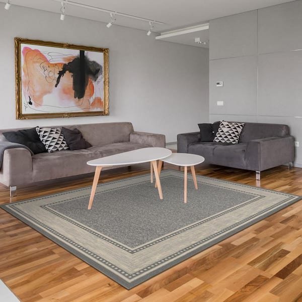 Basics Collection Non-Slip Rubberback Bordered Design 5x7 Indoor Area Rug, 5 ft. x 6 ft. 6 in., Light Gray