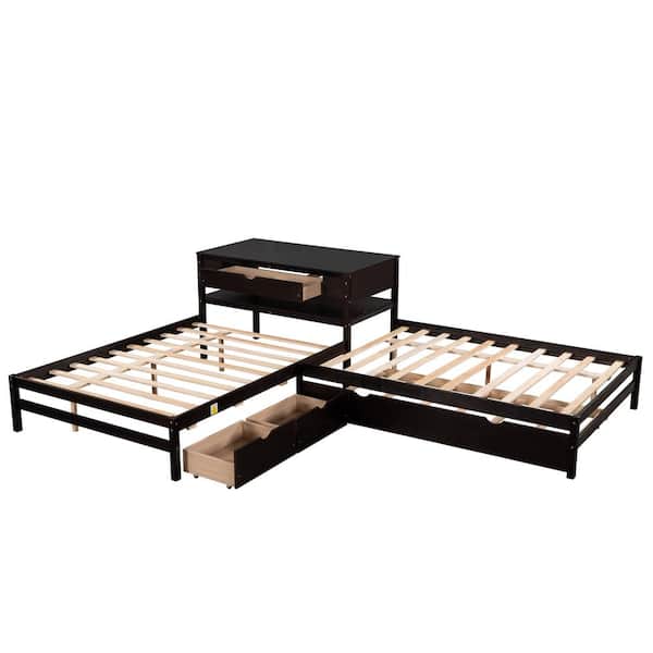 STICKON 134.9 in. W Espresso Brown Full Size Wood Frame L-Shaped Platform Bed with Table Twin Size Trundle and Drawers