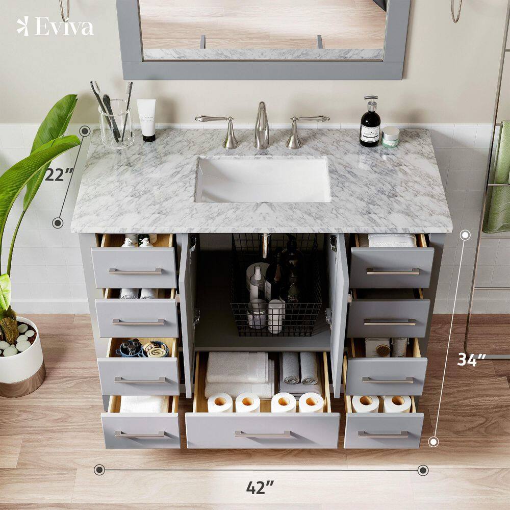 Elegant Aberdeen 42" Transitional Gray Vanity with White Carrara Marble Top