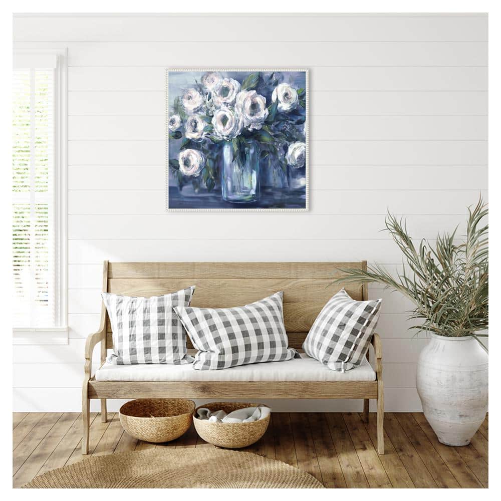 Indigo and White Floral Canvas Art with White Frame