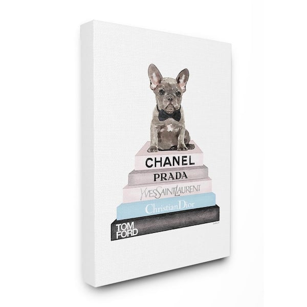 Stupell Industries 16 in. x 20 in. "Grey Blue and Black Fashion Bookstack with Grey Frenchie Puppy" by Amanda Greenwood Canvas Wall Art