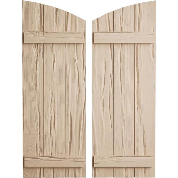 Ekena Millwork 16-1/2 in. x 28 in. Polyurethane Riverwood Three Board Join.ed Board-n-Batten Elliptical Top Shutters Primed Tan