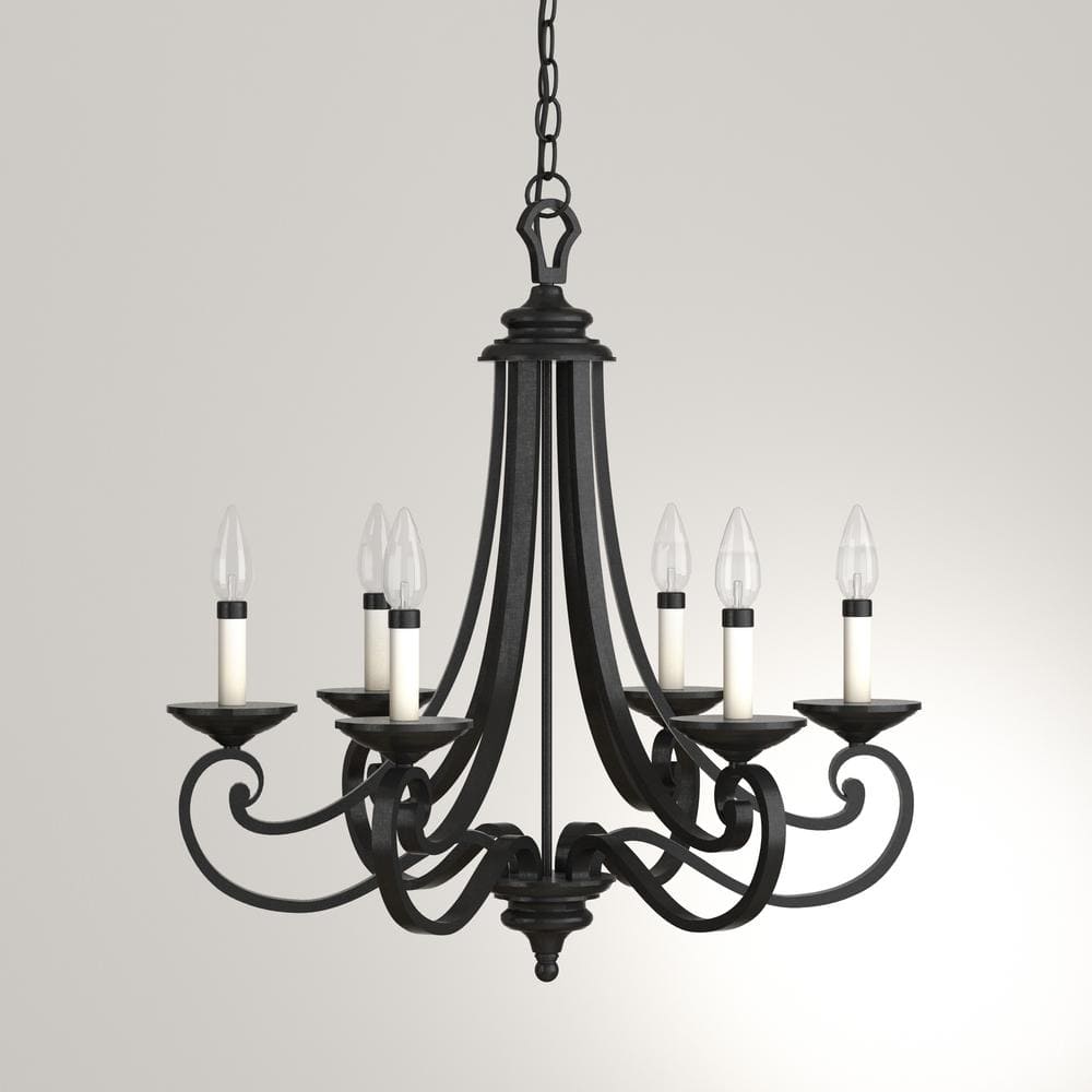 Black Iron 6-Light Candelabra Chandelier with Adjustable Chain