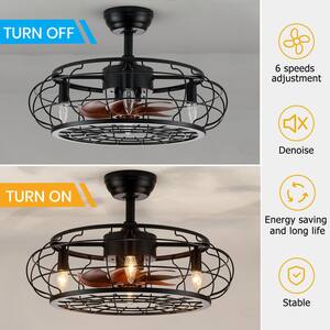 23 in. 4-Light Indoor Farmhouse Black Ceiling Fan with Lights Caged Ceiling Fan with Remote and Wood Grain Blades