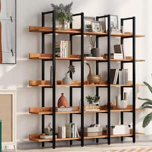 Mid Century 70.9 in. Wide Light Brown Black Frame 5-Tier Shelves Accent Bookcase Display Shelfs Bookshelf with Open Back