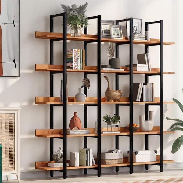Unbranded Mid Century 70.9 in. Wide Light Brown Black Frame 5-Tier Shelves Accent Bookcase Display Shelfs Bookshelf with Open Back