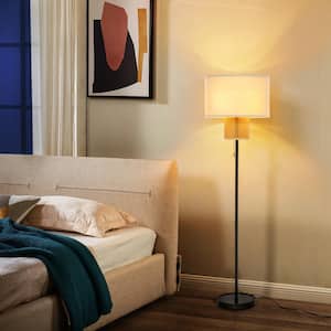 58 in. Modern Indoor Black Lantern 3-Light LED Energy Efficient Floor Lamp with Beige Fabric Drum Shade, Rattan Shade