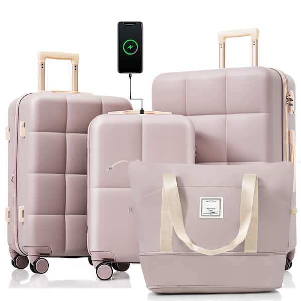 4-Piece Rosy Brown Expandable ABS Hardshell Spinner 20 in., 24 in., 28 in., Luggage Bag, USB Port, Cup Holder, Hooks