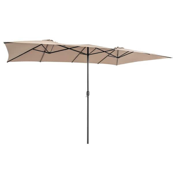 Gymax 15 ft. Double-Sided Patio Market Umbrella Large Crank Handle Vented Twin Coffee
