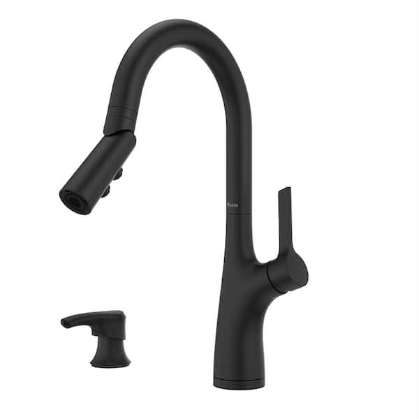Pfister Ceylon Single Handle Pull Down Sprayer Kitchen Faucet with Deck Plate and Soap Dispenser in Matte Black