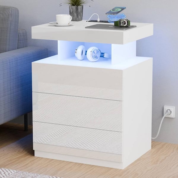 LEDライト付き ナイトテーブル 3段 ホワイト Hommpa Modern White 3-Drawer 26.8 in. H x 19.7 in. W x 15.8 in. D