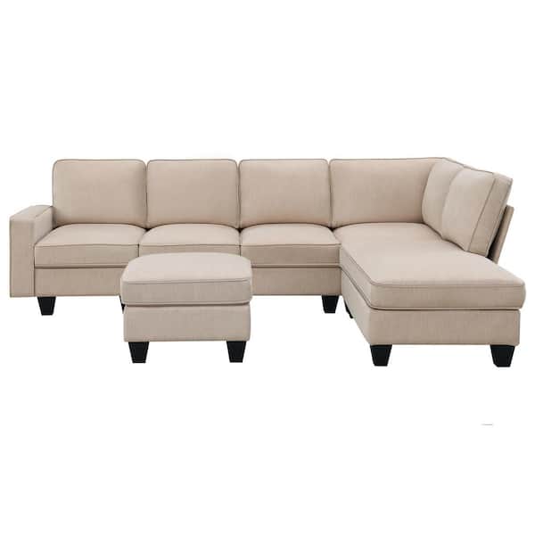 Polibi 104.30 in. Polyester L-Shaped Sectional Sofa in. Light Brown with Chaise Lounge and Convertible Ottoman