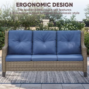 3-Seat Gray PE Wicker Outdoor Couch with Blue Cushions and Curved Arm Design