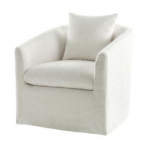 Leo White Upholstered Velvet Swivel Barrel Chair with Back Pillow