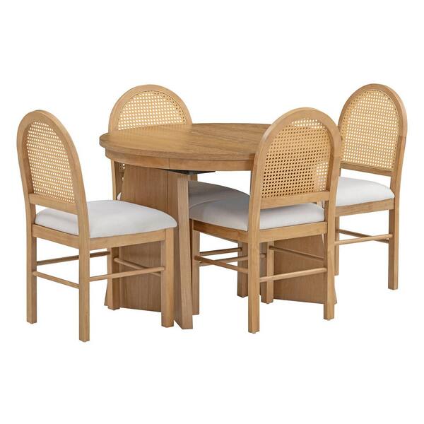 Harper Bright Designs Farmhouse 5 Piece Natural Wood Wash Wood Top Extendable Round Dining Table Set with 4 Upholstered Chairs