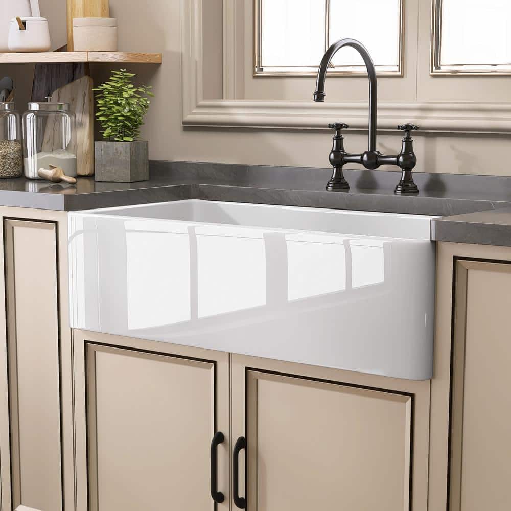 33" White Fireclay Farmhouse Apron-Front Kitchen Sink with Accessories