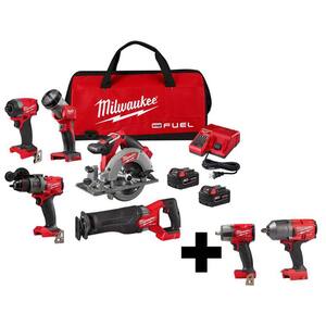 M18 FUEL 18-Volt Lithium-Ion Brushless Cordless Combo Kit (5-Tool) with (2) 1/2 in. Impact Wrenches with Friction Rings