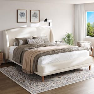 Arc White Boucle Fabric Upholstered Wood Frame King Size Platform Bed and Headboard Set