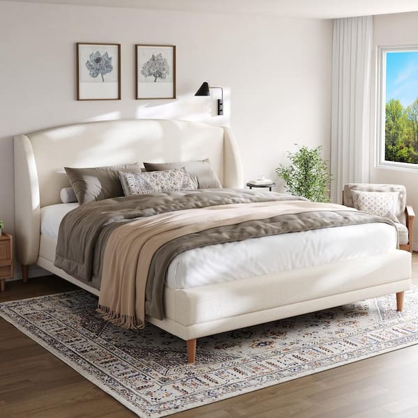 CHRISTOPHER KNIGHT HOME Arc White Boucle Fabric Upholstered Wood Frame King Size Platform Bed and Headboard Set