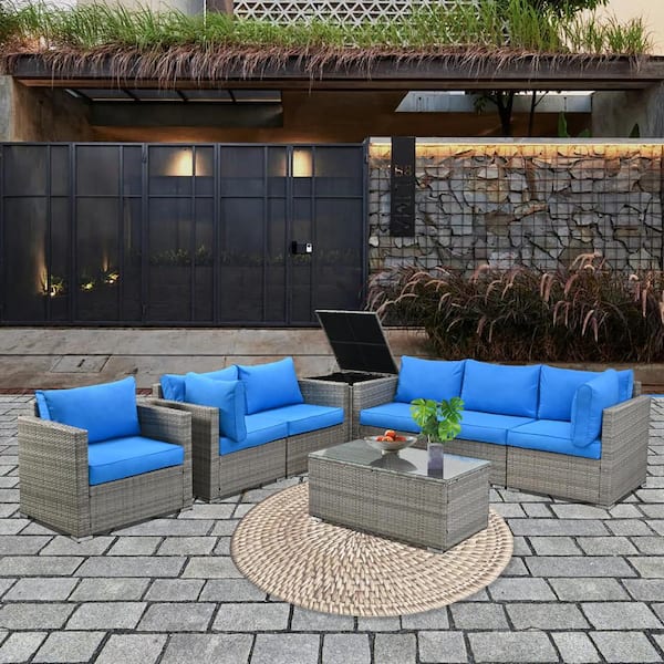 Cesicia 8-Pieces Gray Wicker Outdoor Sectional Set with Glass Coffee Table and Blue Cushions