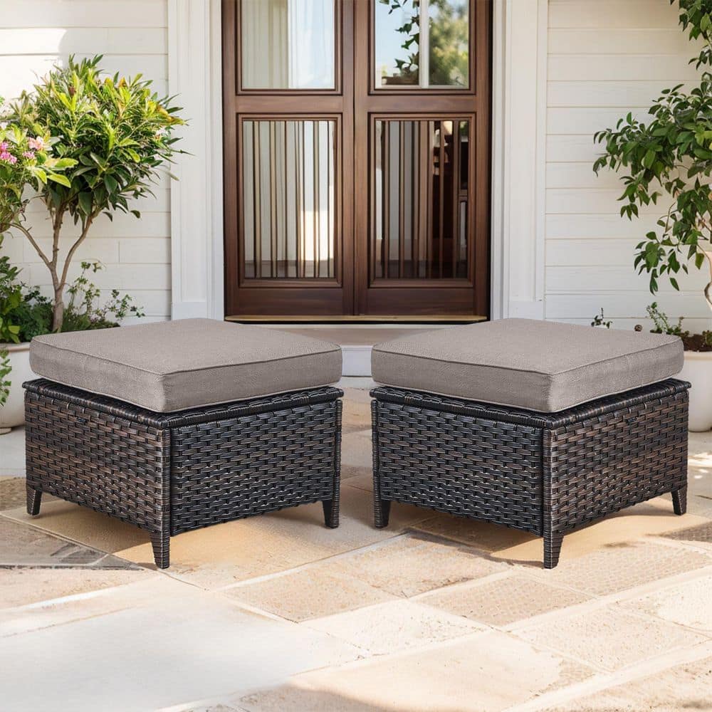 WellCane 2-Piece Brown Wicker Outdoor Ottoman Patio Footstool Multipurpose Outdoor Furniture Bench with Gray Cushion price history on PriceWatchPro