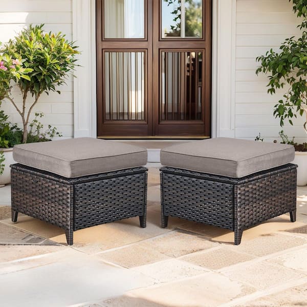 WellCane 2-Piece Brown Wicker Outdoor Ottoman Patio Footstool Multipurpose Outdoor Furniture Bench with Gray Cushion
