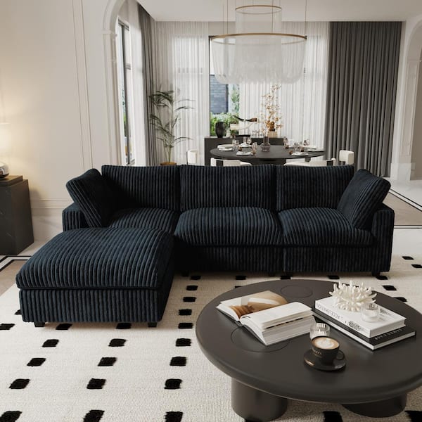 118 in. Square Arm Faux Rabbit Fur Velvet L-Shaped Modular Sofa Lawson Cloud Couch with Ottoman for Apartment in Black