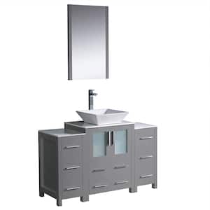 Torino 48 in. Bath Vanity in Gray with Glass Stone Vanity Top in White with White Vessel Sink, Side Cabinets and Mirror