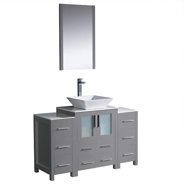 Fresca Torino 48 in. Bath Vanity in Gray with Glass Stone Vanity Top in White with White Vessel Sink, Side Cabinets and Mirror
