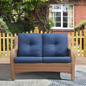 Carolina Yellow 1-Piece Wicker Outdoor Loveseat with Blue Cushions