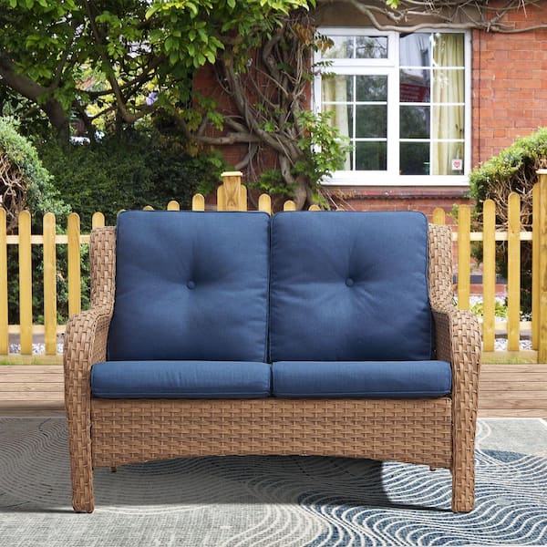 Gymojoy Carolina Yellow 1-Piece Wicker Outdoor Loveseat with Blue Cushions