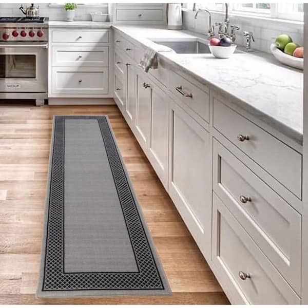 Dot Border Design Grey 23 in. W x 84 in. L Stair Runner 13.42 sq. ft.