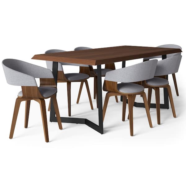 Lowell Modern Industrial 7-Pc Dining Set w/ 6 Upholstered Dining Chair in Light Grey Linen Look Fabric & 72 in. W Table