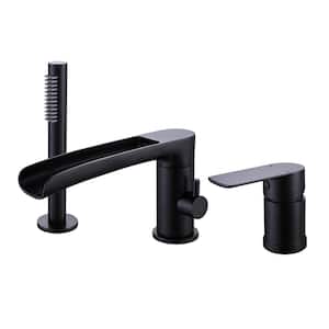 Single-Handle Deck-Mount Roman Tub Faucet with Hand Shower 3-Holes Brass Waterfall Tub Filler in Matte Black